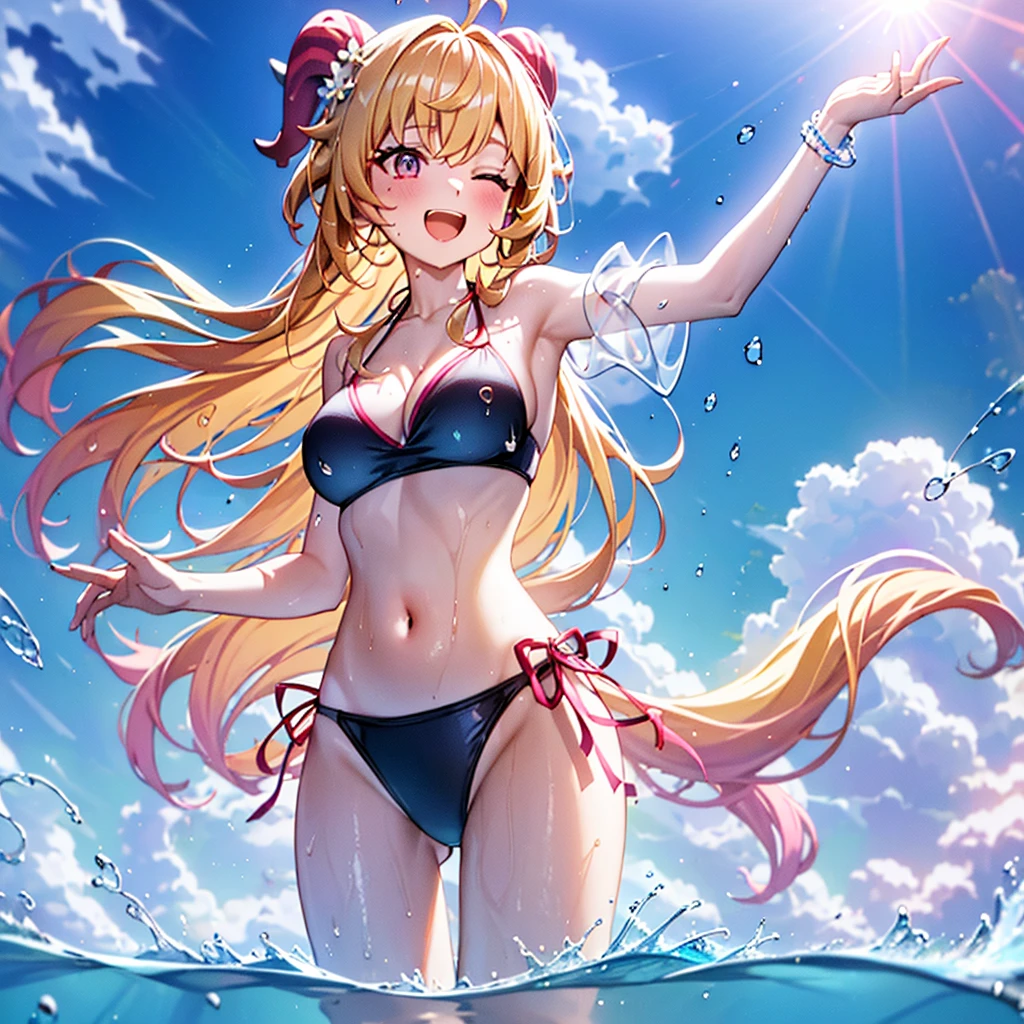 Best quality, tmasterpiece, Incredibly beautiful, very elaborate 8K wallpaper, otherworldly beautiful girl, , (White skin of the), (blonde hair pink gradient hair), Side pony, intermittently, Open your mouth and laugh, Long eyelashes, cosmetics, One eye open, (zoomout, bigger, BigREAK, summer, Beachy, (Bikini), Reflection in the water, (Floating water drops blur foreground), (blue-sky), lens flare glow, (water splash), rays of sunshine,