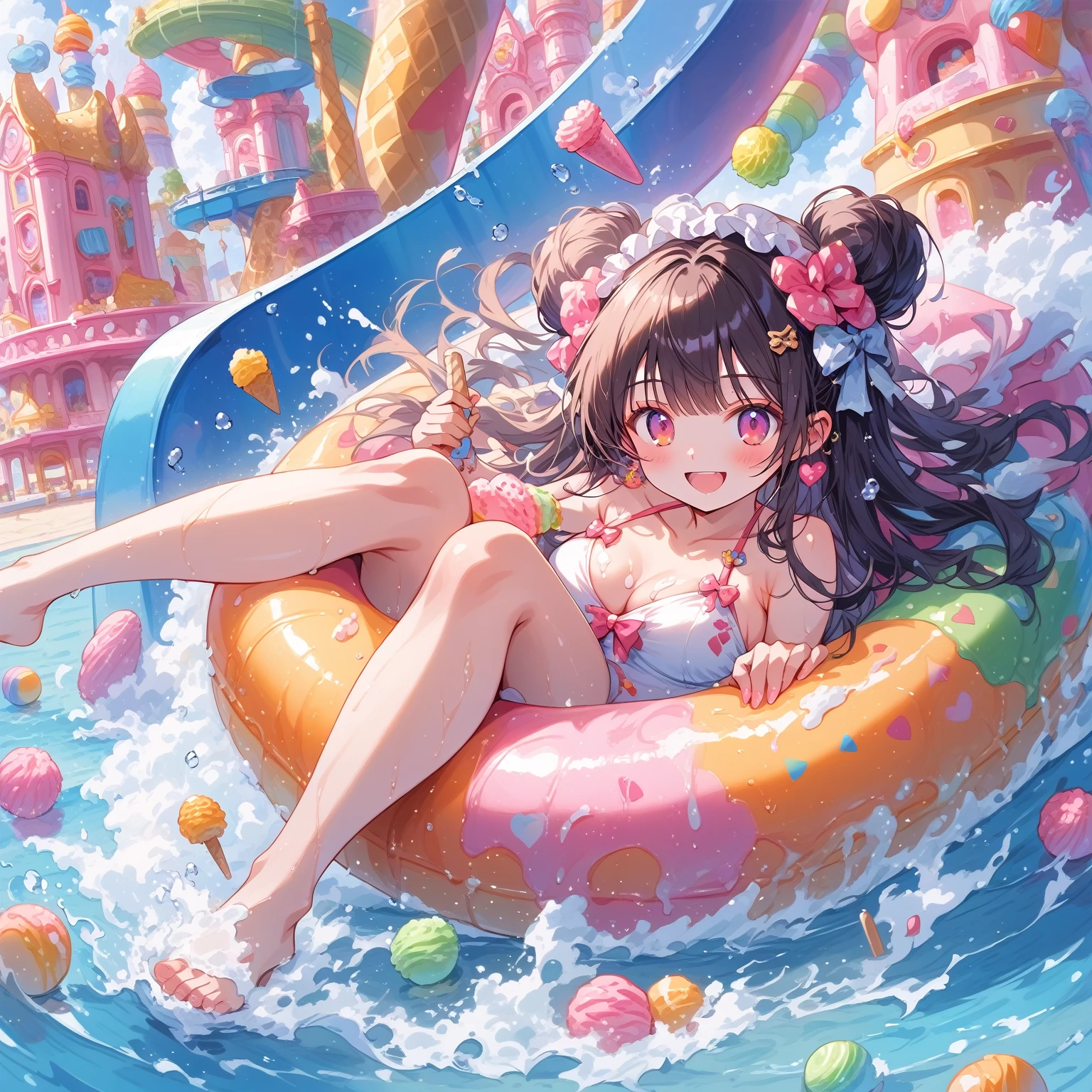 score_9, score_8_up, score_7_up, source_anime,masterpiece, best quality, high resolution, extremely detailed CG, absurdres, highres, A dreamy water playground, all the buildings are made of ice cream, the ice cream castle is colorful, and the girl in swimsuit is sliding down the water slide, very happy, neondskdrmsxl,babycreamxl