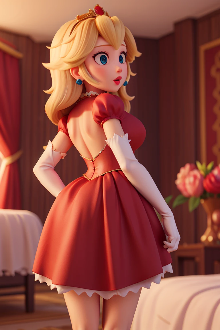 High quality detailed textures,Princesa peach,saia longa sexly, top cut, breasts big, deep neckline, Red clothing, sexly,  sutiã sexly , torn skirt, from behind, bunda sexly nsfw, 