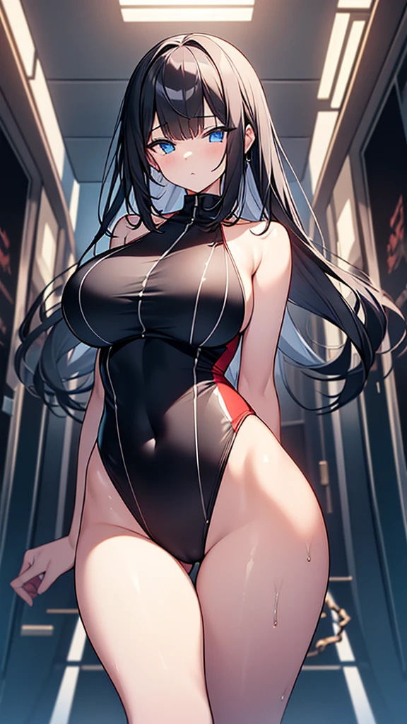 (Highly detailed CG Unity 32k wallpaper,masterpiece, Biological, whole body),(Best lighting, Best Shadow, Very delicate and beautiful),(One girl),blue eyes, Big Breasts, Black Hair,Red and black off-the-shoulder revealing high-cut SF bodysuit,One-piece swimsuit-style clothing,Neck Seal,High-tech sci-fi corridor, Dynamic pose, Detailed Machinery, Sleek design.,My crotch is wet, {{An extraterrestrial lifeform preys on girls and takes their place、Her breasts are bigger than a real girl&#39;s、Suitable for the mother}}, Unknown sensation, Feels good, Vigorous movement, more, instinct, Female fall, Bouncing chest, loose, loose, Next to a real girl skeleton, NSFW