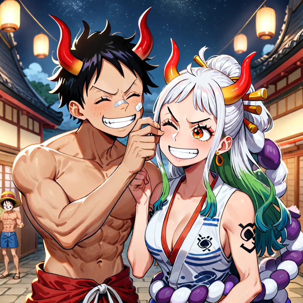 1girl, yamato (one piece), horns, 1boy, smile, red horns, hat, japanese clothes, bandaid, kimono, bandaid on face, long hair, closed eyes, multicolored hair, curled horns, multicolored horns, oni, bandaid on nose, hair ornament, topless male, green hair, black hair, grin, white hair, hair stick, monkey d. luffy, shimenawa, tattoo, ^ ^, pectorals, rope, holding bottle, arm tattoo, bottle, holding, open mouth, very long hair, short hair, cowboy hat, night, cheek pinching, sleeveless kimono, abs, outdoors, pinching, bandaid on cheek, two tone hair, long sleeves, ((medium quality)), ((medium quality))