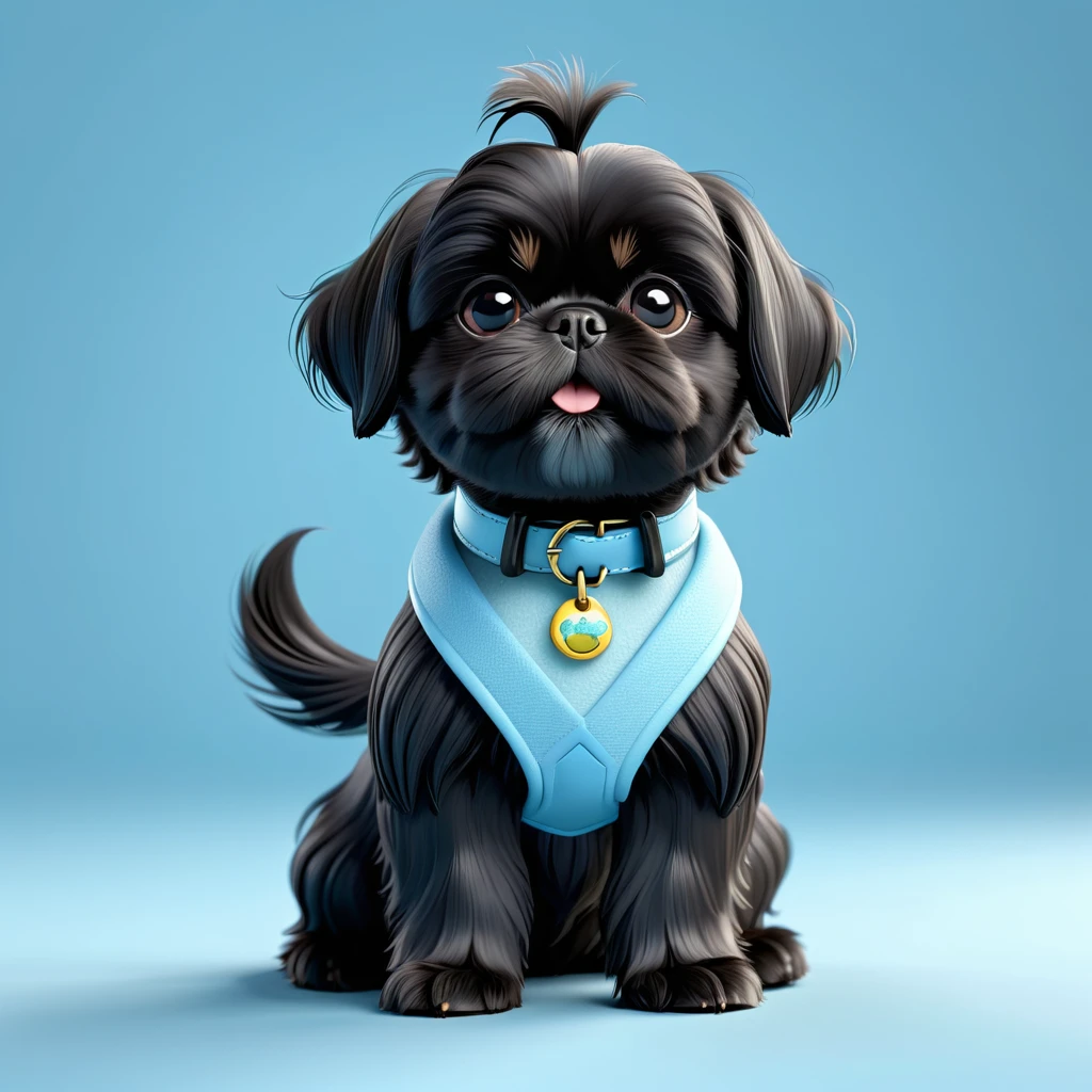 2 Adorable small black Shih Tzu puppies wearing light blue collars with messy hair Disney 3d cartoon, 3d render, disney pixar style