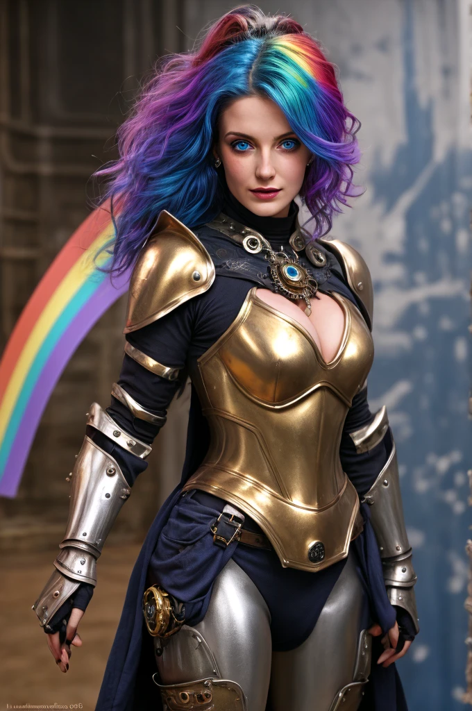 Pretty Woman, 25 ans, dans un mode fantaisiste, Dream, bionde, blue eye, paint explosion in the background, HD, masterclasse, masterpiece, gold and silver armor, Style Steampunk, rainbow hair