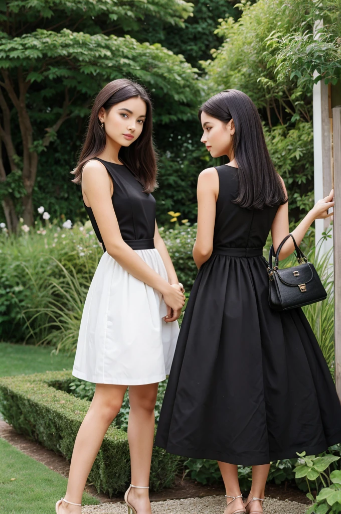 Black dress,Small hair, handbag, garden side, two girls
