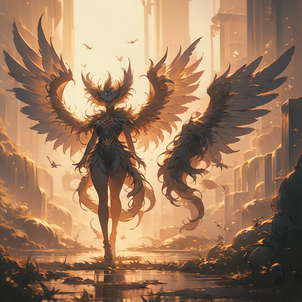 a close up of a bird with a long tail and a large wing, mythical creature, gryphon, a mythical creature, harpy, fantasy creature, huge feathery wings, with large wings, from pathfinder, flying mythical beasts, fantasy creatures, mythical creatures, a phoenix, young harpy-girl, wispy gigantic wings, with wings. ultra-detailed