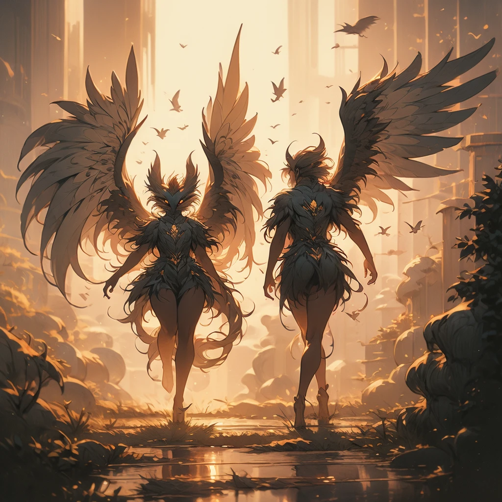 a close up of a bird with a long tail and a large wing, mythical creature, gryphon, a mythical creature, harpy, fantasy creature, huge feathery wings, with large wings, from pathfinder, flying mythical beasts, fantasy creatures, mythical creatures, a phoenix, young harpy-girl, wispy gigantic wings, with wings. ultra-detailed