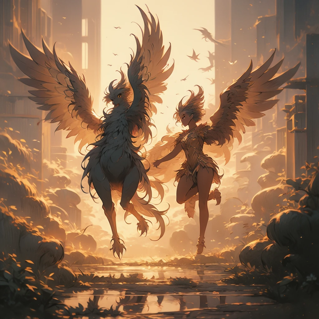 a close up of a bird with a long tail and a large wing, mythical creature, gryphon, a mythical creature, harpy, fantasy creature, huge feathery wings, with large wings, from pathfinder, flying mythical beasts, fantasy creatures, mythical creatures, a phoenix, young harpy-girl, wispy gigantic wings, with wings. ultra-detailed