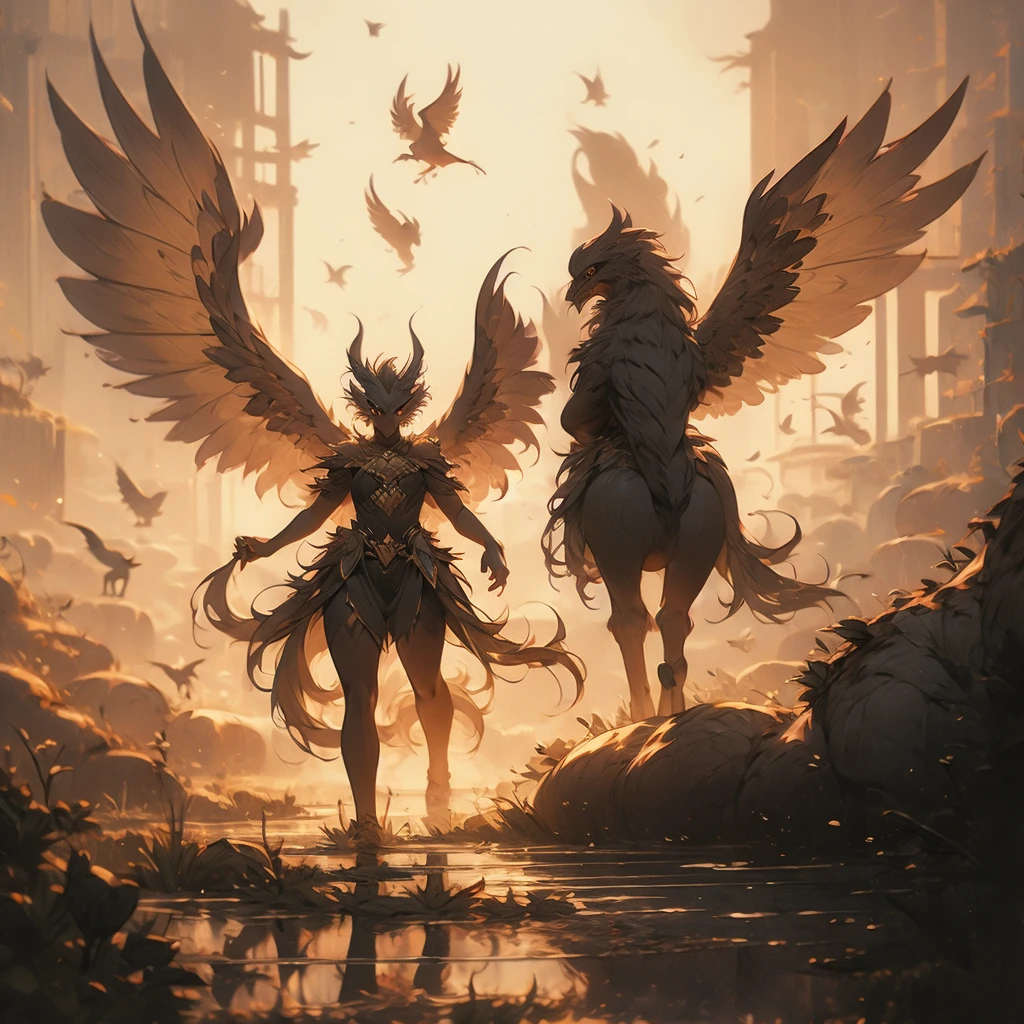 a close up of a bird with a long tail and a large wing, concept art by Jaime Jones, cgsociety, hurufiyya, mythical creature, gryphon, a mythical creature, harpy, fantasy creature, huge feathery wings, with large wings, from pathfinder, flying mythical beasts, fantasy creatures, mythical creatures, a phoenix, young harpy-girl