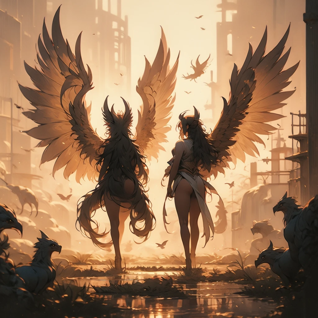 a close up of a bird with a long tail and a large wing, concept art by Jaime Jones, cgsociety, hurufiyya, mythical creature, gryphon, a mythical creature, harpy, fantasy creature, huge feathery wings, with large wings, from pathfinder, flying mythical beasts, fantasy creatures, mythical creatures, a phoenix, young harpy-girl