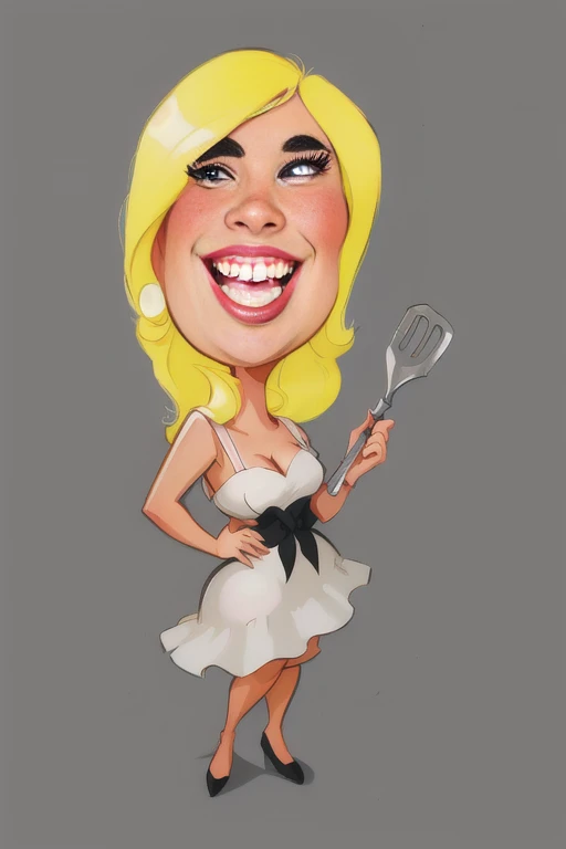 cartoon woman in white dress holding a spatula and smiling, caricature illustration, caricature style, in cartoon style, caricature!!!, inspired by Shirley Teed, caricature, caricature, cartoon style illustration, cartoon portrait, caricature, style cartoon art, cel shaded:15, Elaine, cartoon illustration, Cartoon character, cartoon digital art, cel shaded, 8k