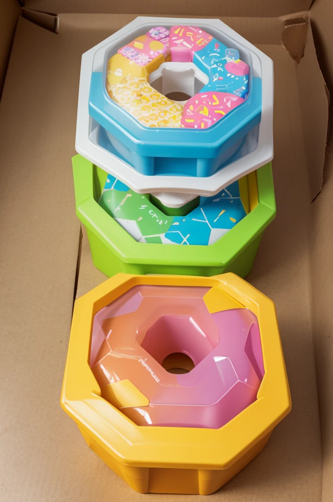 Hexagonal shaped donut packaging with transparent lid Bright colors and donut illustrations on the outside
: Use of recycled cardboard and biogradable plastic for lid