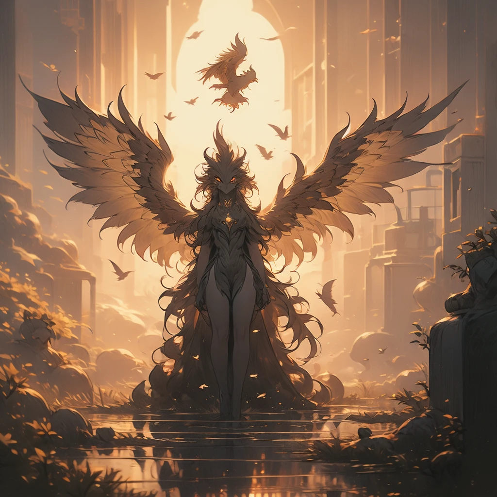 a close up of a bird with a long tail and a large wing, mythical creature, gryphon, a mythical creature, harpy, fantasy creature, huge feathery wings, with large wings, from pathfinder, flying mythical beasts, fantasy creatures, mythical creatures, a phoenix, young harpy-girl, wispy gigantic wings, with wings. ultra-detailed