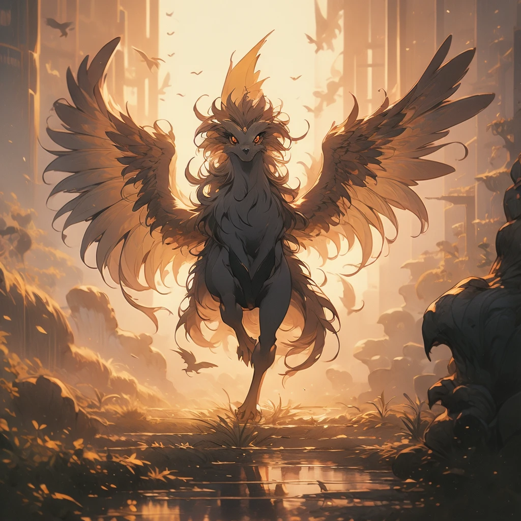 a close up of a bird with a long tail and a large wing, mythical creature, gryphon, a mythical creature, harpy, fantasy creature, huge feathery wings, with large wings, from pathfinder, flying mythical beasts, fantasy creatures, mythical creatures, a phoenix, young harpy-girl, wispy gigantic wings, with wings. ultra-detailed