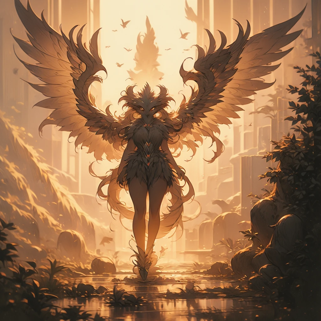 a close up of a bird with a long tail and a large wing, mythical creature, gryphon, a mythical creature, harpy, fantasy creature, huge feathery wings, with large wings, from pathfinder, flying mythical beasts, fantasy creatures, mythical creatures, a phoenix, young harpy-girl, wispy gigantic wings, with wings. ultra-detailed