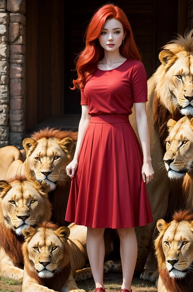 Redhead woman in red skirt, with a bunch of lions behind