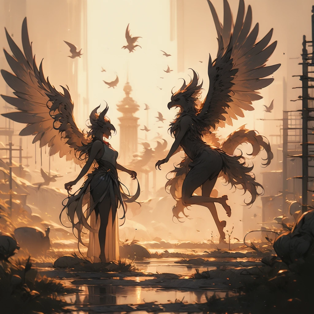 a close up of a bird with a long tail and a large wing, concept art by Jaime Jones, cgsociety, hurufiyya, mythical creature, gryphon, a mythical creature, harpy, fantasy creature, huge feathery wings, with large wings, from pathfinder, flying mythical beasts, fantasy creatures, mythical creatures, a phoenix, young harpy-girl