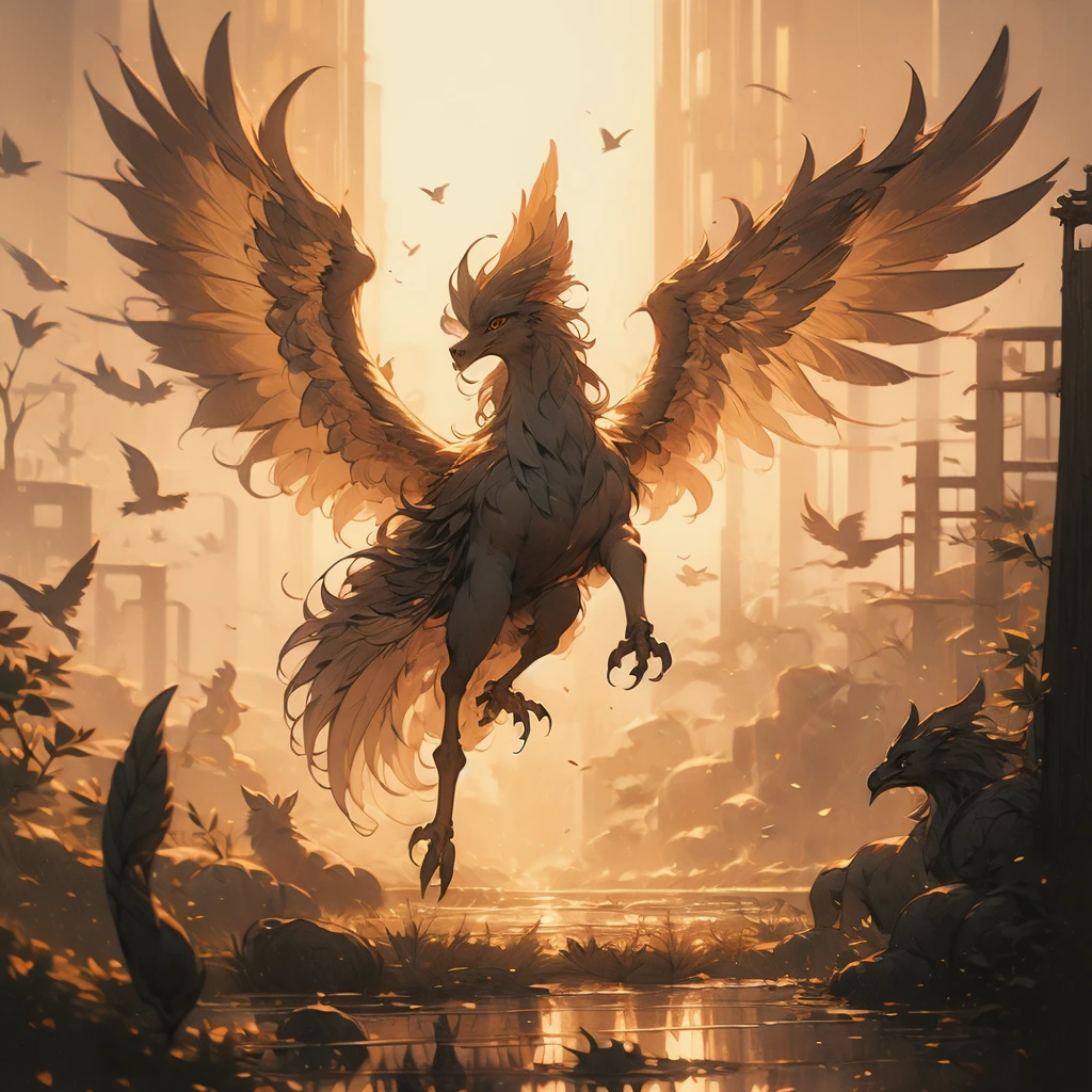 a close up of a bird with a long tail and a large wing, concept art by Jaime Jones, cgsociety, hurufiyya, mythical creature, gryphon, a mythical creature, harpy, fantasy creature, huge feathery wings, with large wings, from pathfinder, flying mythical beasts, fantasy creatures, mythical creatures, a phoenix, young harpy-girl