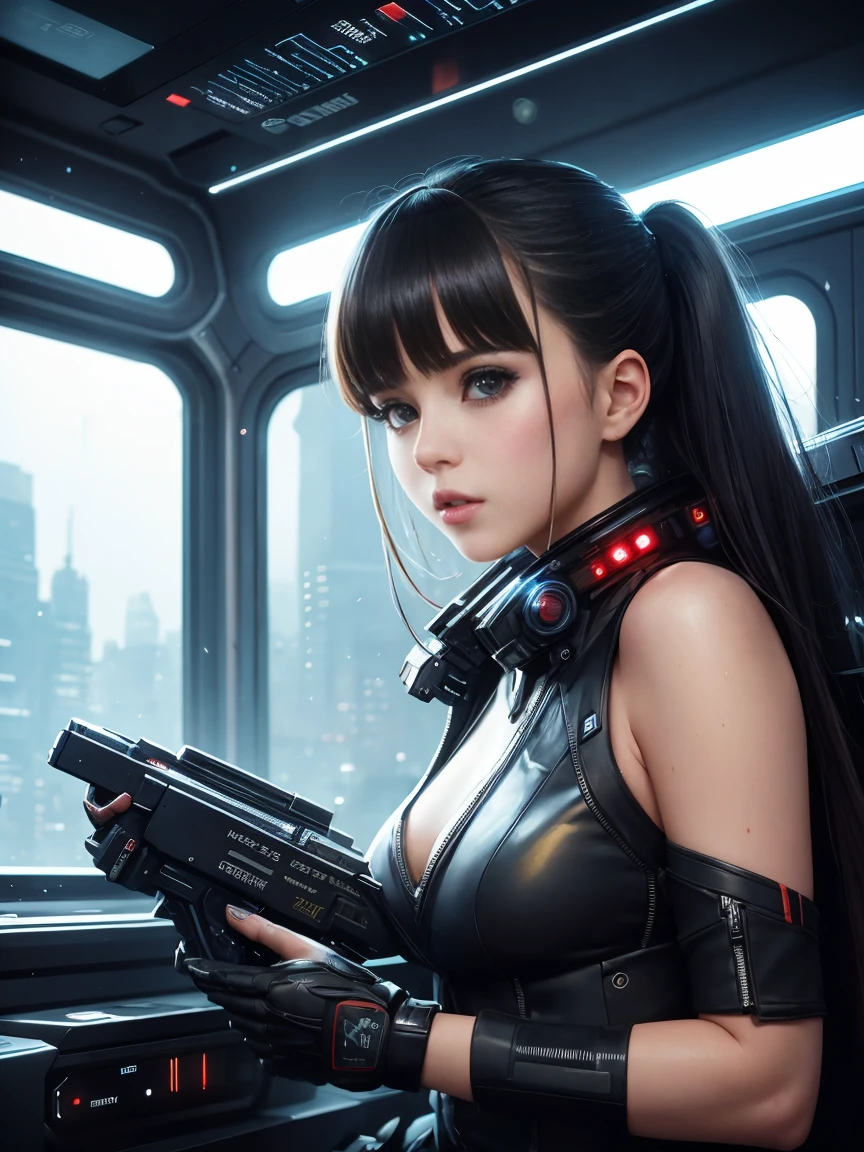 pоster, gIRL ANIME_ Perfect Face, Pretty Features, Spaceship Interior, Wadim Kashin, James Gurney, INK, Splash Art", Royo, Sharp Focus, Emitting Diodes, Smoke, Artillery, Sparks, Racks, SYSTEM Unit, Motherboard, by Pascal Blanche Rutkowski Repin Artstation Hyperrealism Painting Concept ART of Detailed Character Design Matte Painting, 4K Resolution Blade Runner, Mysterious