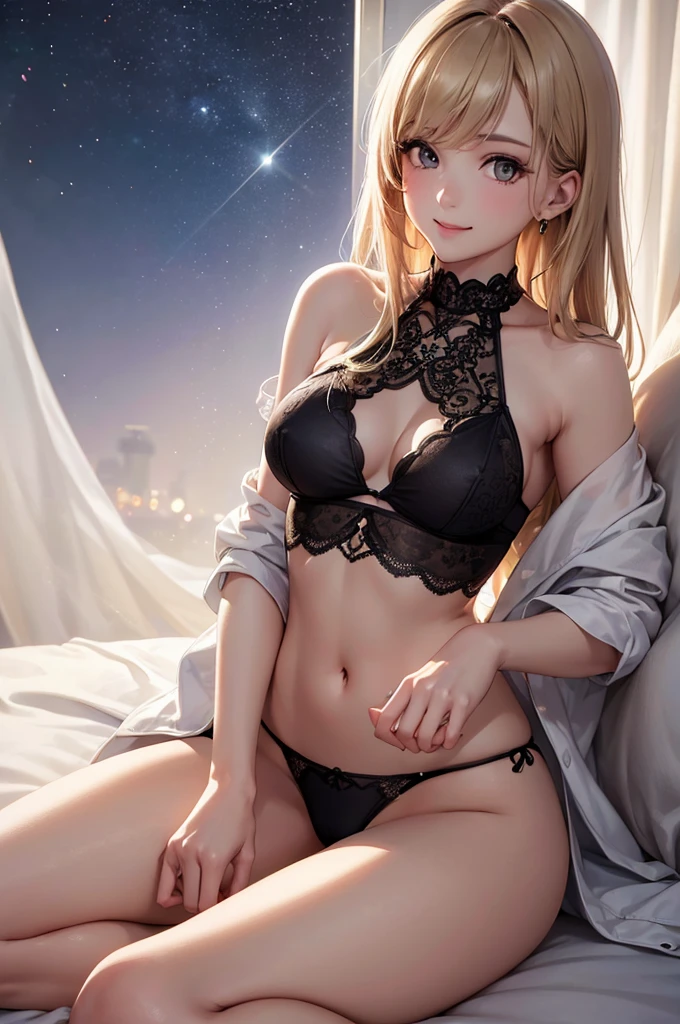 (Best Quality,High resolution,8K,finelity detailed background,Masterpiece:1.2),beautiful girl,Shiny khaki hair,messy hair,(Khaki Eyes),Gentle look,A refreshing look,Best quality,Best Quality,Aesthetic and aesthetic:1.2,Best details((Super detailed))(High-definition CG illustrations),Black underwear (black intricate lace),Slender body,Late Night,Moonlit Night,Bedroom,On the bed,smile,blush,cute,Scrounge,Looking up,Being spoiled,super model,wariza,smile