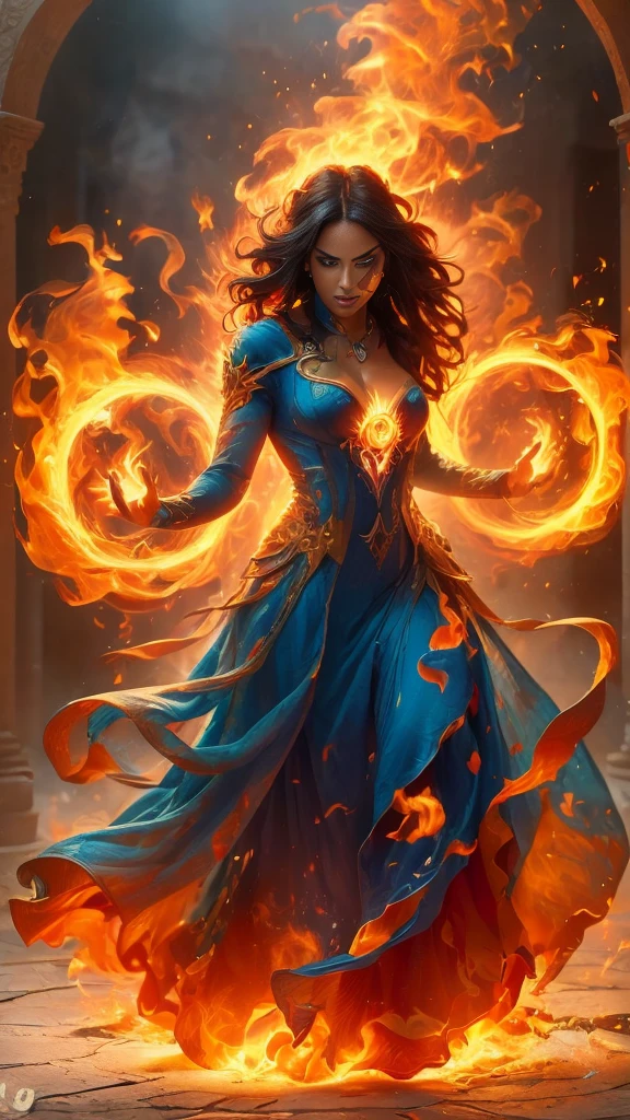 magic, Adult Latina model Daisy Marie, she is a fire elemental her body completely composed of Red and blue fire. flames dance around her body threatening to burn anybody that gets too close.