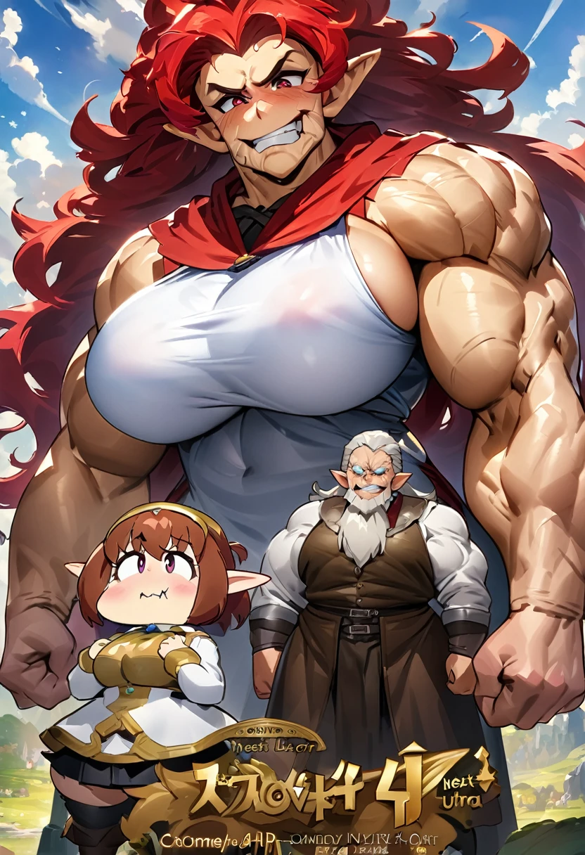 Ligt novel cover style, detailed. best quality, art, detailed face, in the style of lora marvin. A muscular warrior with a sharp chin stands next to a plump elf with big breasts, next to the elf is a wrinkled old wizard. comedy (ultra HD 4k) (work of art)
