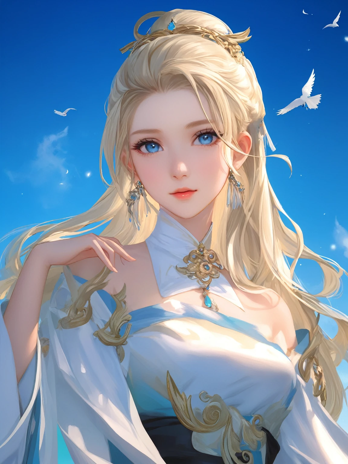 Anime girl with long blonde hair and blue eyes in a white dress, Trending on cgstation, artwork in the style of Gwaiz, Gwaiz, Smooth anime CG art, Detailed digital anime art, Anime Goddess, Fantasy art style, palace , Girl in Hanfu, Beautiful young wind spirit, Beautiful Anime Girls, ! Dream Art Germ, Beautiful anime portraits