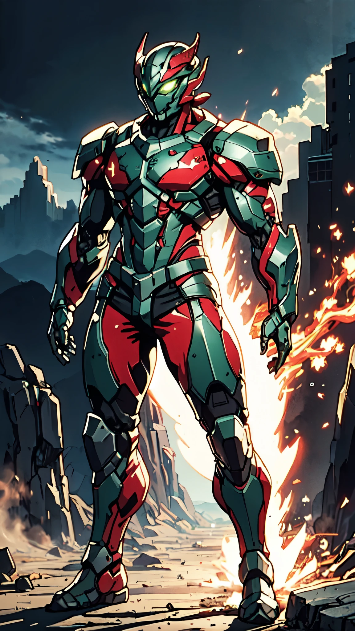 A man wearing a full-face helmet, a fantasy-style biotech armored combat suit, green eyes, (a composite layered chest armor), fully enclosed shoulder guards, matching arm and leg guards, the belt is adorned with dragon claw grasping orbs, (the color scheme is primarily black with red accents), the design balances heavy with agility, a high-tech bio-mecha armor, (Armor Concept Inspired by Dragons, stand on the top of a skyscraper in a futuristic sci-fi city), this character embodies a finely crafted fantasy-surreal style armored hero in anime style, exquisite and mature manga art style, (element, plasma, energy, the armor glows), ((male:1.5)), metallic, real texture material, dramatic, high definition, best quality, highres, ultra-detailed, ultra-fine painting, extremely delicate, professional, perfect body proportions, golden ratio, anatomically correct, symmetrical face, extremely detailed eyes and face, high quality eyes, creativity, RAW photo, UHD, 32k, Natural light, cinematic lighting, masterpiece-anatomy-perfect, masterpiece:1.5