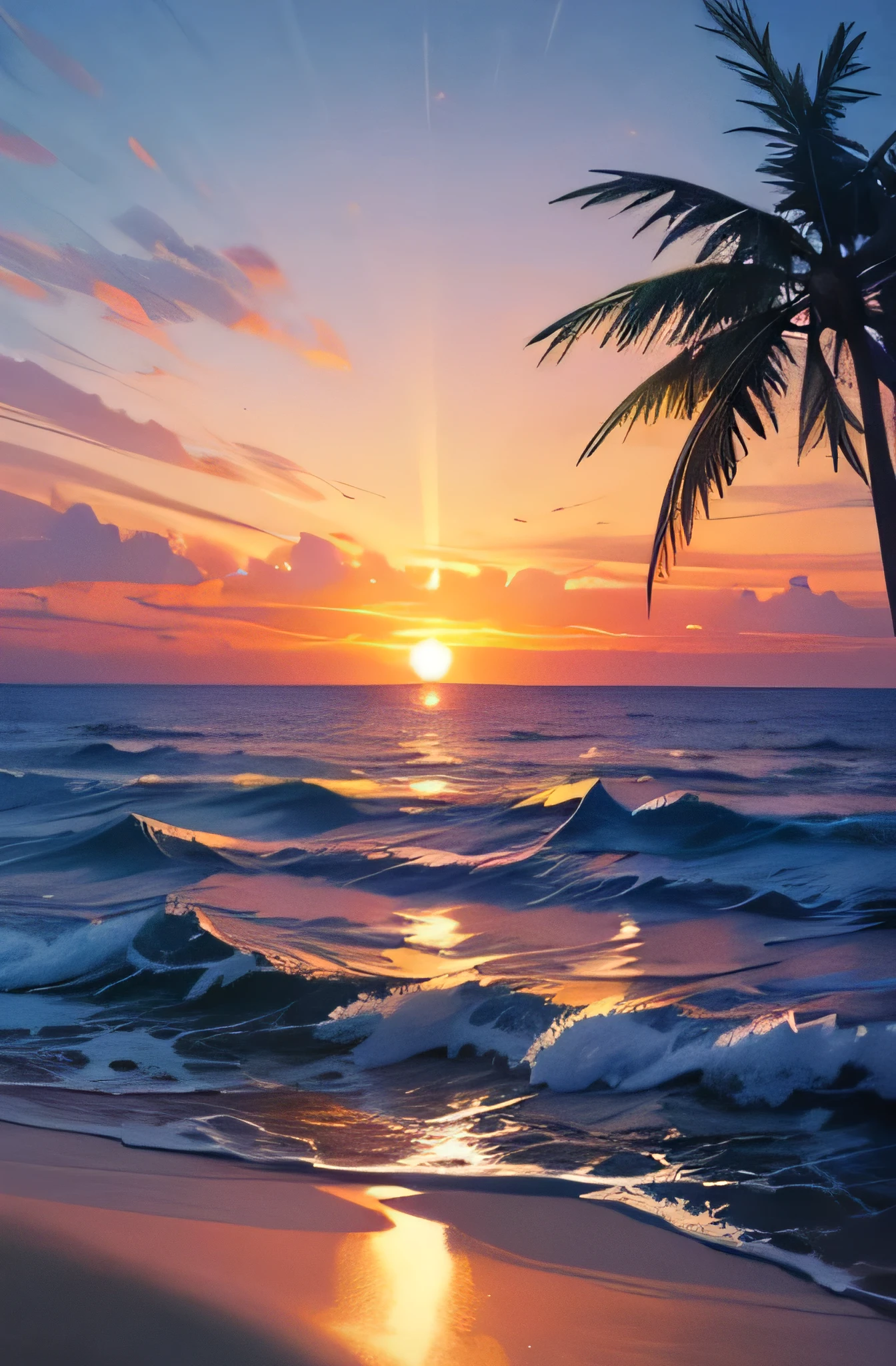 (masterpiece),(best quality:1.0), (ultra highres:1.0), detailed illustration, sunset, beach, small waves in the sea, best quality, vibrant high quality sea. few palms on the side.