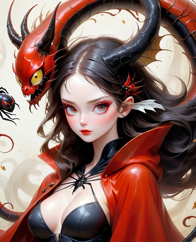 Photorealistic digital painting, modern girl sexy Naruto + branca de neve Devil fênix negra with the image of a black spider in a pleasing mix, taking inspiration from detailed forms of, dressed in an illustrious red  black gold jaketa Hood red  enhanced by the artistic styling of artists like Jose Royo, Boris Vallejo, Julie Bell, Carne Griffiths, Benedick Bana, Brian Froud, Eric Wallis, combines the mystique of fantasy