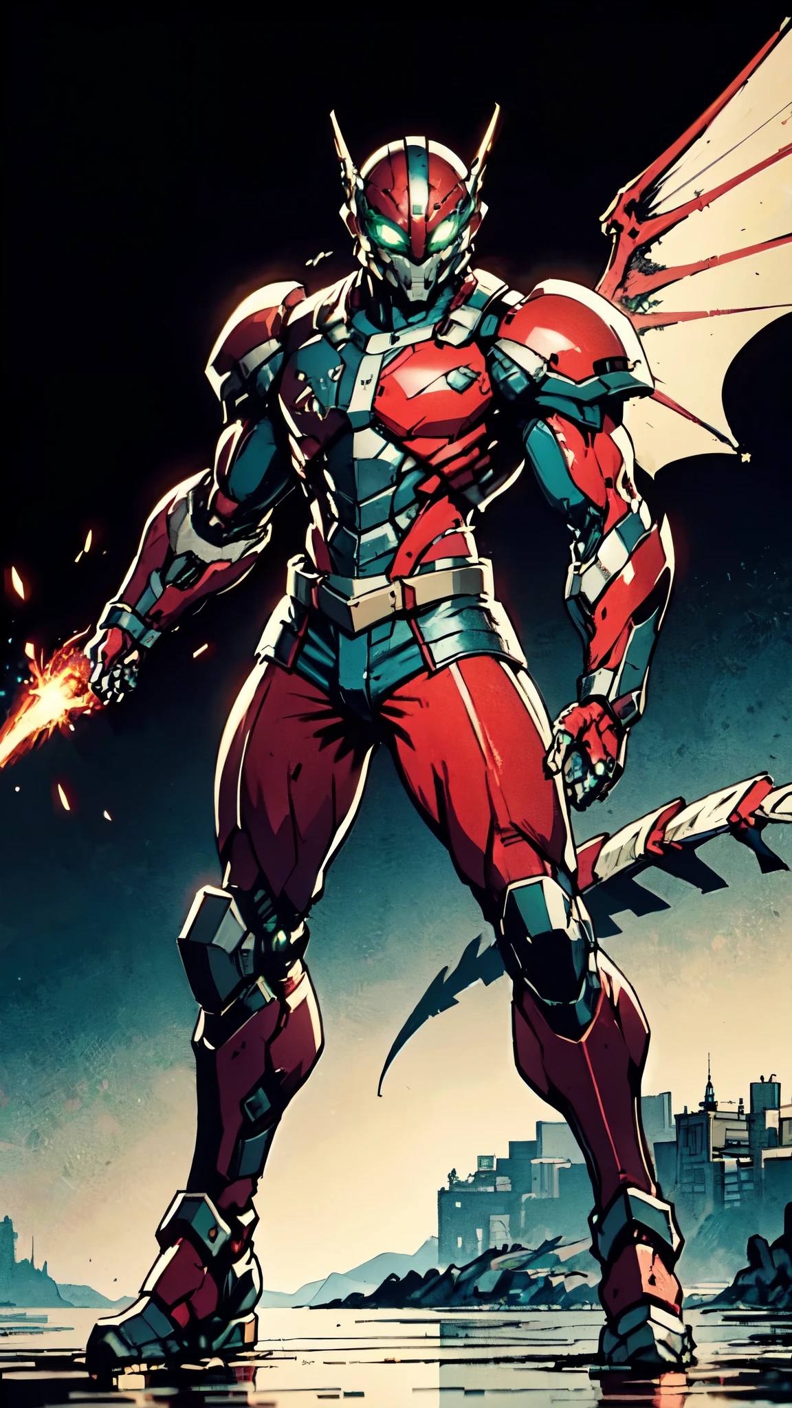A man wearing a full-face helmet, a fantasy-style biotech armored combat suit, green eyes, (a composite layered chest armor), fully enclosed shoulder guards, matching arm and leg guards, the belt is adorned with dragon claw grasping orbs, (the color scheme is primarily black with red accents), the design balances heavy with agility, a high-tech bio-mecha armor, (Armor Concept Inspired by Dragons, stand on the top of a skyscraper in a futuristic sci-fi city), this character embodies a finely crafted fantasy-surreal style armored hero in anime style, exquisite and mature manga art style, (element, plasma, energy, the armor glows), ((male:1.5)), metallic, real texture material, dramatic, high definition, best quality, highres, ultra-detailed, ultra-fine painting, extremely delicate, professional, perfect body proportions, golden ratio, anatomically correct, symmetrical face, extremely detailed eyes and face, high quality eyes, creativity, RAW photo, UHD, 32k, Natural light, cinematic lighting, masterpiece-anatomy-perfect, masterpiece:1.5