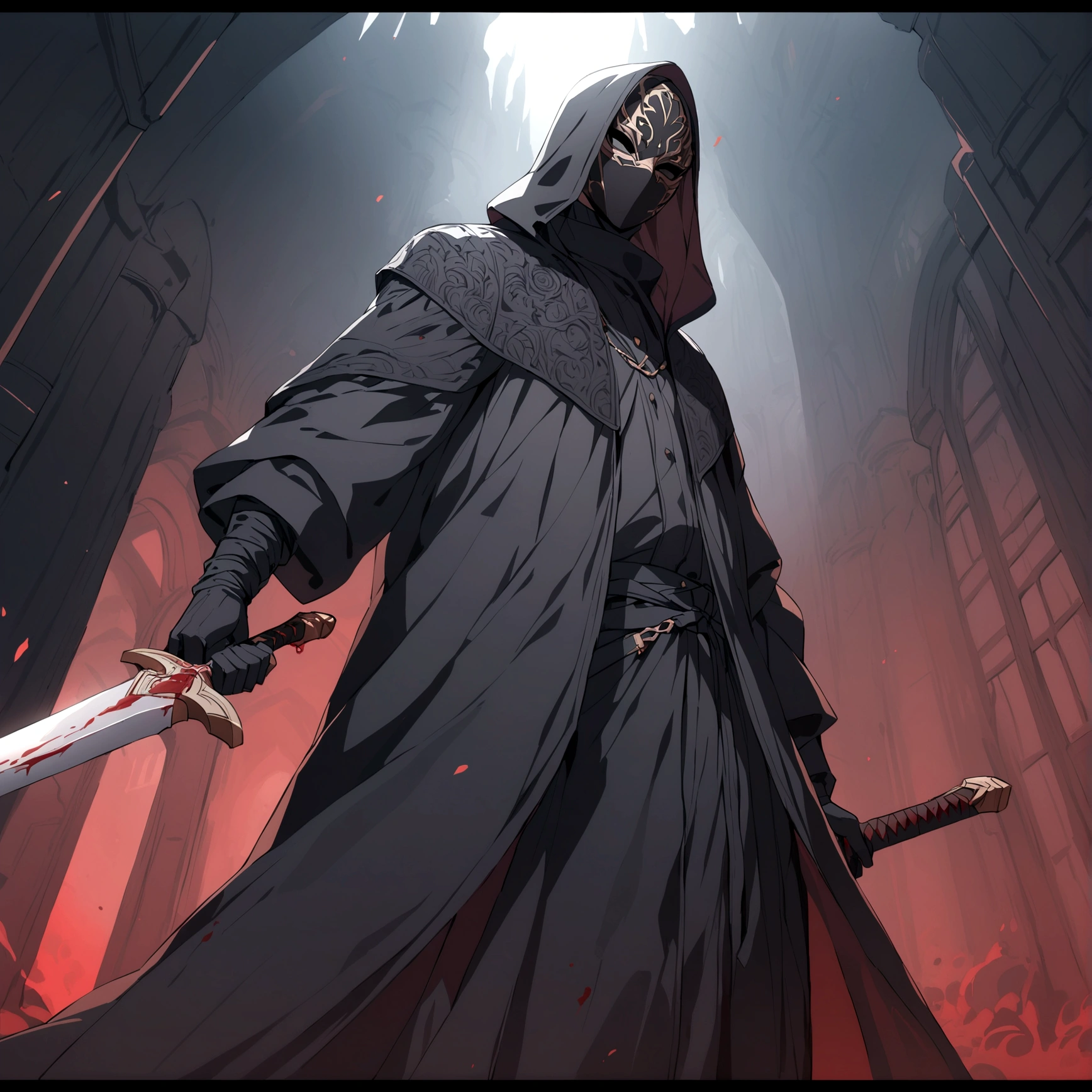 a man wearing a black robe and black mask holding a blood-stained sword