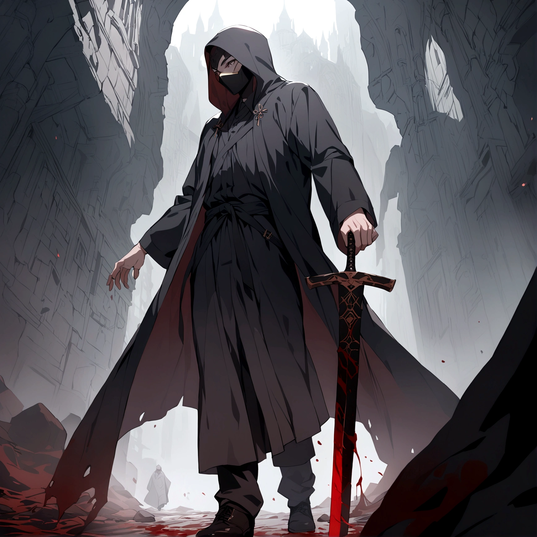 a man wearing a black robe and black mask holding a blood-stained sword