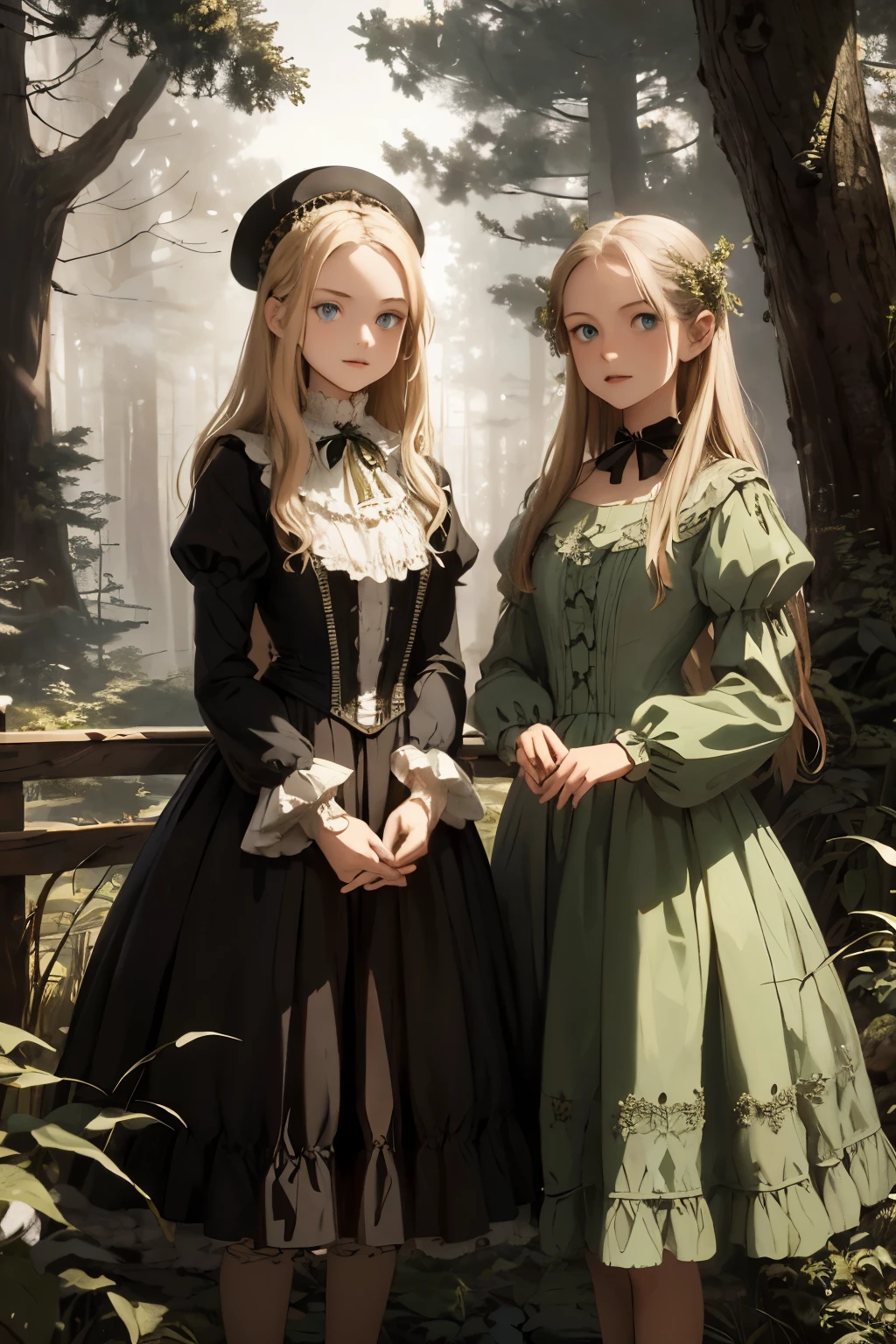 two girls, wide angle, detailed reproduction of a forest surrounded by fog up to a height of one meter. clear starry sky with a big full moon, bare trees, winter, two girls, (Virginia Otis, (blond hair, blue eyes)) pose with (16 years oldald (blond hair, green eyes)). Victorian style. thin, cute face, walks at night in Canterville Castle (inspired by the novel The Canterville Ghost). aged 1887, Victorian fantasy