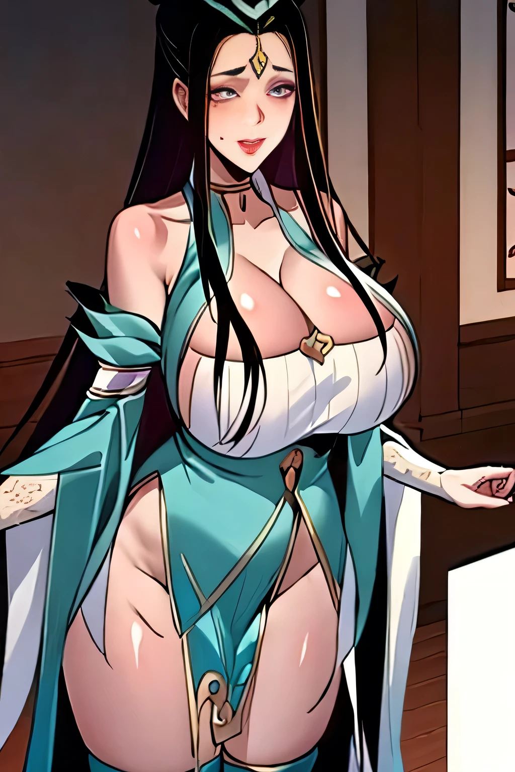 masterpiece, best quality,multiple girls, breasts, (2girls:1.3), purple eyes, black hair, Chinese clothes, purple hair, (gigantic breasts:1.4), long hair, cleavage, thighs , white Honkai , thighhighs, bangs, wide sleeves, Honkai outfits, moon, weapon, braid,(kbxll:0.8),mature female,thick thighs,
plump figure,smile,big nipples showing, no panties