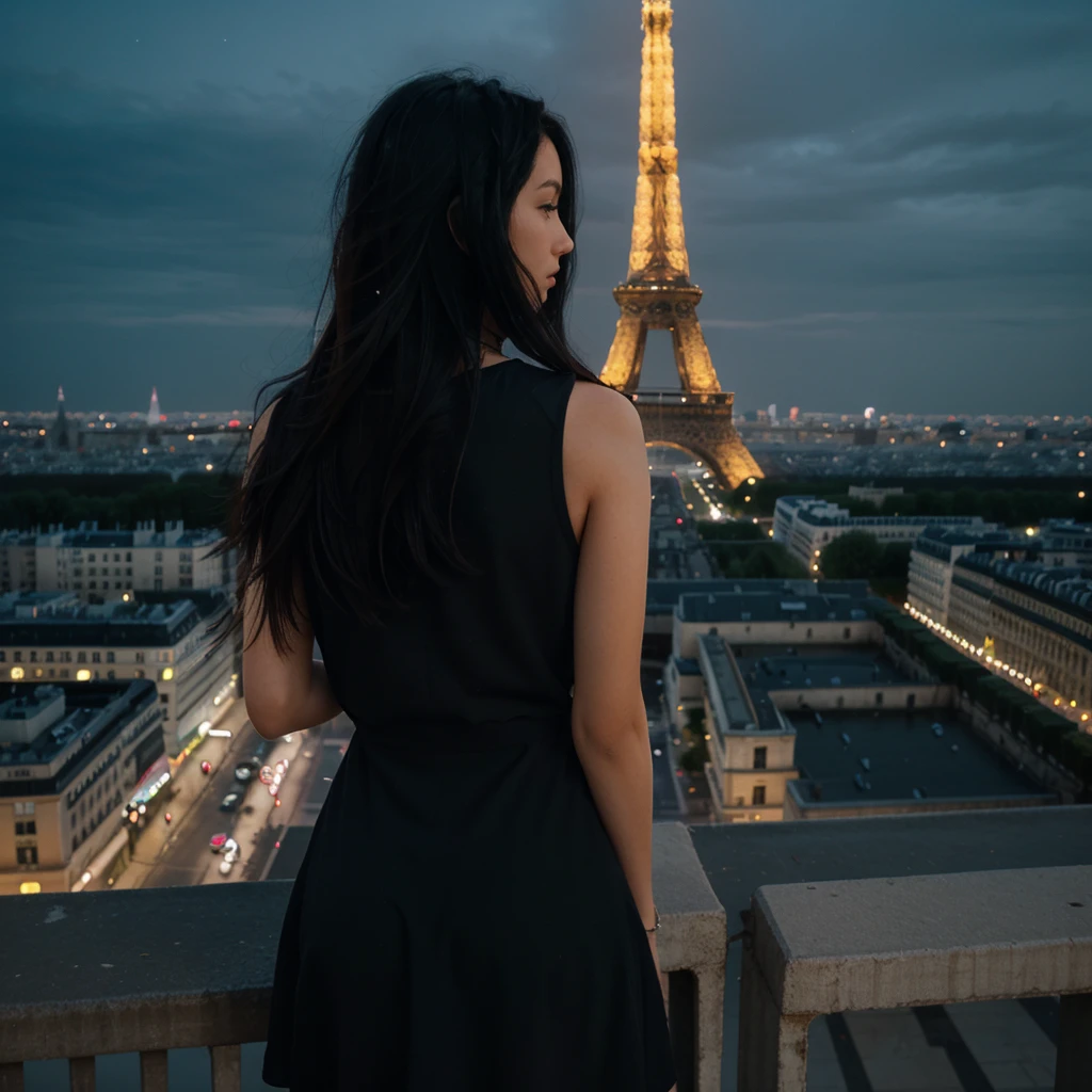 a girl with messy long black hair facing his back wearing a black dress on top of the building overlooking tower Eiffel at night