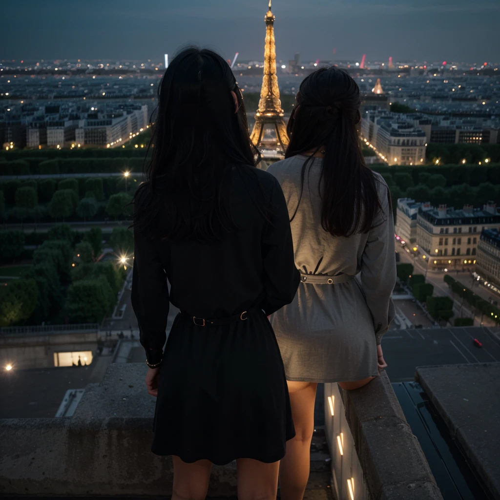 a girl with messy long black hair facing his back wearing a black dress on top of the building overlooking tower Eiffel at night