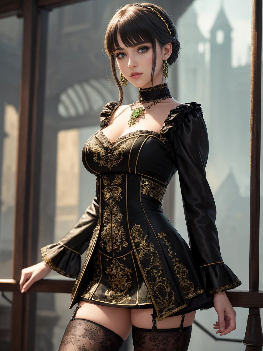Nier: Automatafull body, (long shot full body view:1.1)
(short skirt), beautiful woman, (tights: 1.2), best quality, illustration,(beautiful detailed girl), beautiful detailed shine, (beautiful detailed eyes), expressive, (18-year-old girl:1.4), disheveled hair, long bangs, ,(black and red dress), black ribbon, empty look, flower, large sleeves, bright green eyes, perfect appearance, perfect eyes, ornate clothes, medieval, realistic, impeccable hairstyle, bangs, makeup, earrings, necklaces, jewelry, (magic eyes), sparkling eyes, cold facial expression, aloofness, Detailed face, Pascal Blanche Rutkowski's workshop with high detail, Repin Art station, Hyperrealistic painting, Concept ART of detailed character design, Matte painting, 4K resolution, Blade Runner, Mysterious