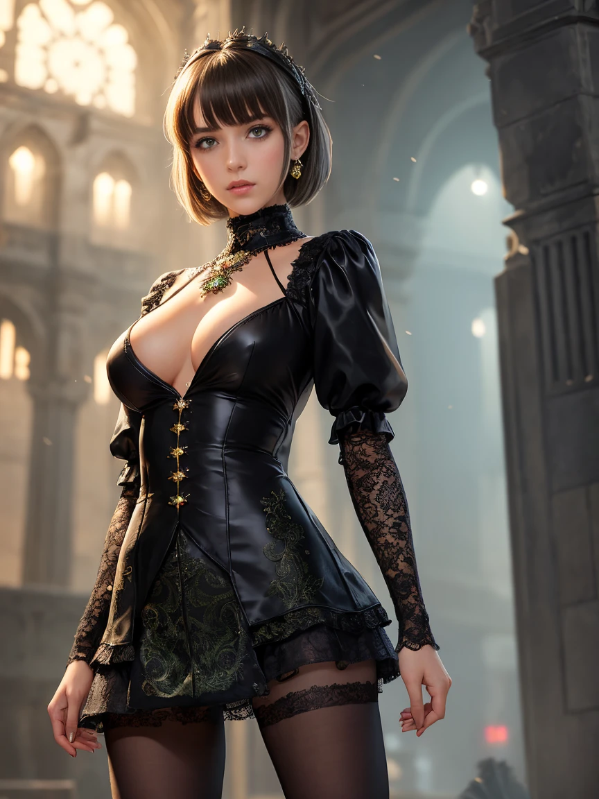 Nier: Automatafull body, (long shot full body view:1.1)
(short skirt), beautiful woman, (tights: 1.2), best quality, illustration,(beautiful detailed girl), beautiful detailed shine, (beautiful detailed eyes), expressive, (18-year-old girl:1.4), disheveled hair, long bangs, ,(black and red dress), black ribbon, empty look, flower, large sleeves, bright green eyes, perfect appearance, perfect eyes, ornate clothes, medieval, realistic, impeccable hairstyle, bangs, makeup, earrings, necklaces, jewelry, (magic eyes), sparkling eyes, cold facial expression, aloofness, Detailed face, Pascal Blanche Rutkowski's workshop with high detail, Repin Art station, Hyperrealistic painting, Concept ART of detailed character design, Matte painting, 4K resolution, Blade Runner, Mysterious