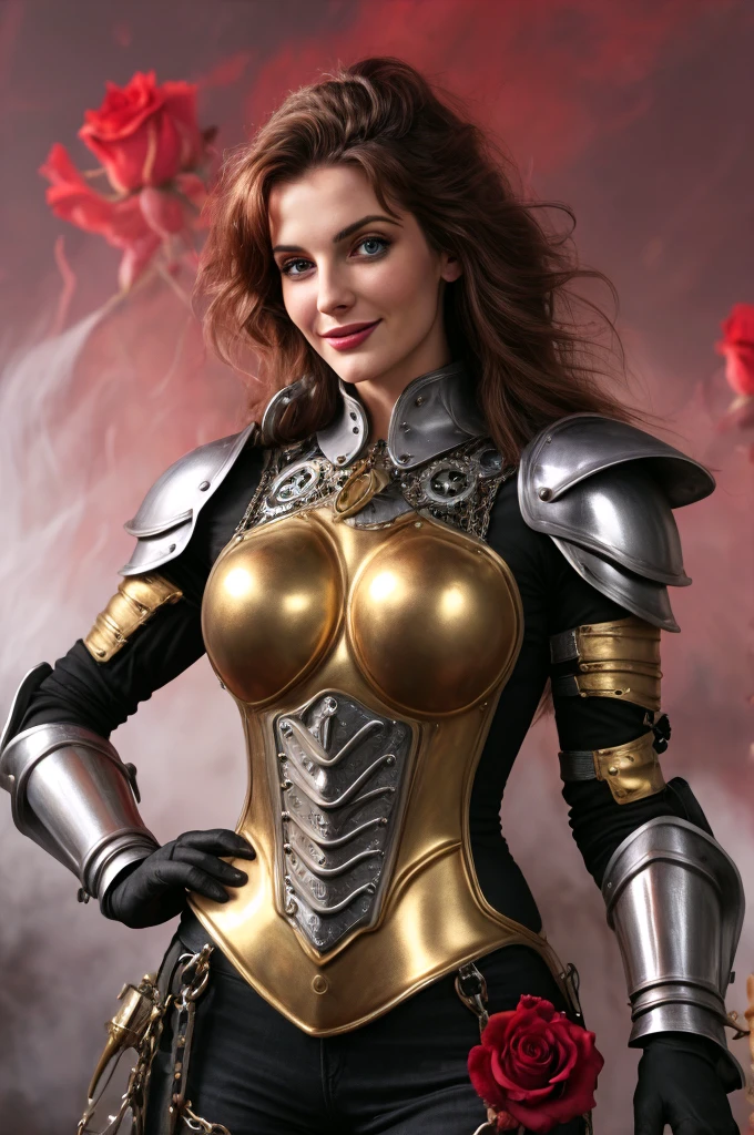 Pretty Woman, 25 ans, dans un mode fantaisiste, Dream, bionde, paint explosion in the background, HD, masterclasse, masterpiece, gold and silver armor, Style Steampunk, rose hair