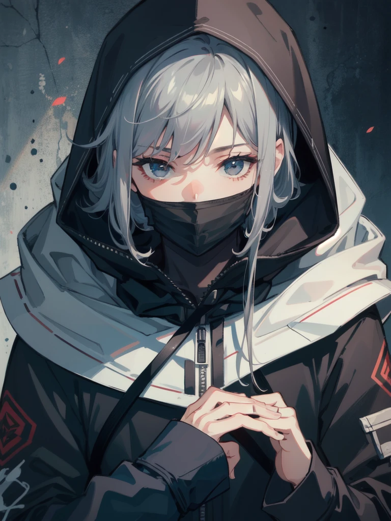 ((best quality)), ((masterpiece)), (detailed), ((man)), sniper, ash gray hair, lonely, hooded, ((mask up)), lonley, ((chic))
