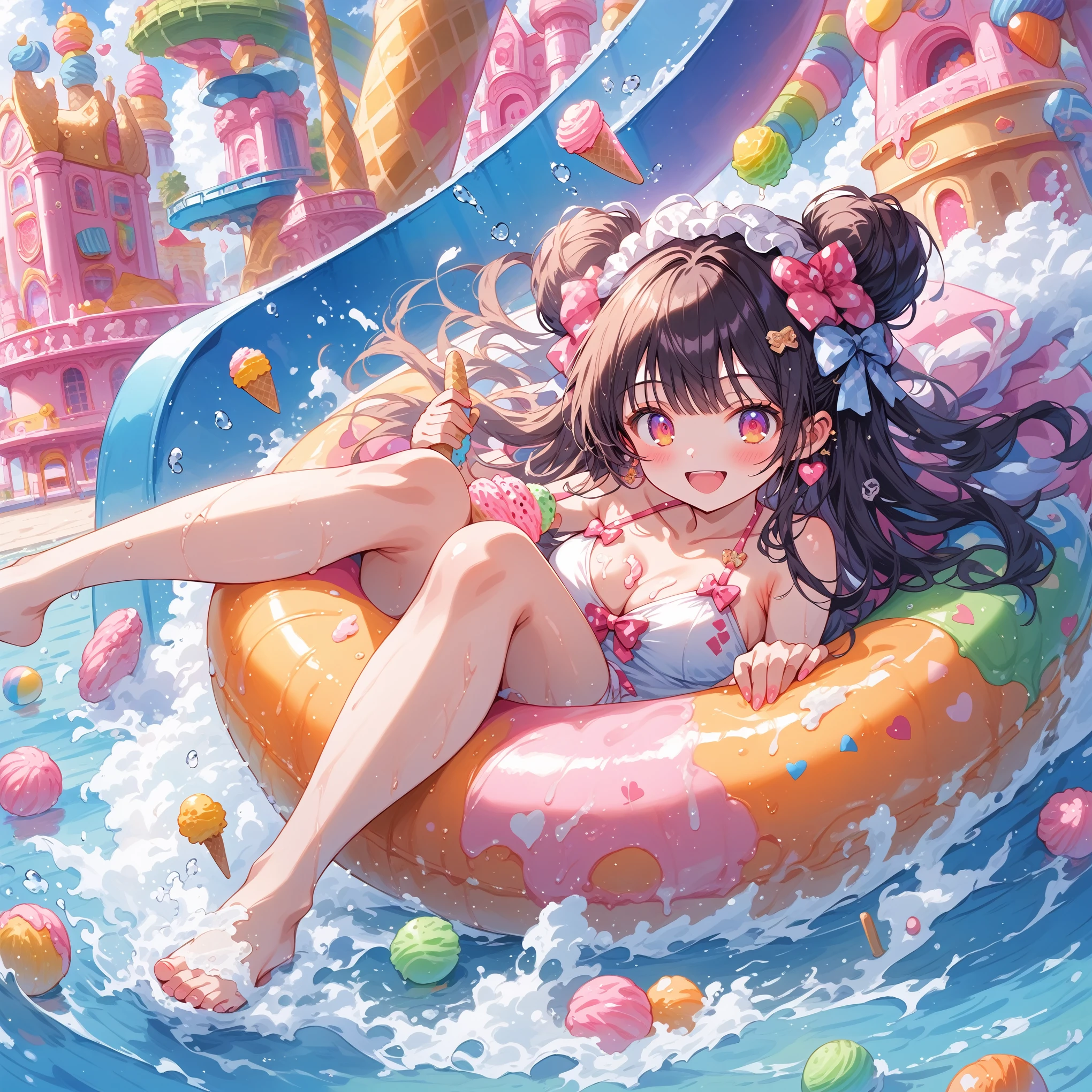 score_9, score_8_up, score_7_up, source_anime,masterpiece, best quality, high resolution, extremely detailed CG, absurdres, highres, A dreamy water playground, all the buildings are made of ice cream, the ice cream castle is colorful, and girls in swimsuit is sliding down the water slide, very happy, neondskdrmsxl, creamxl