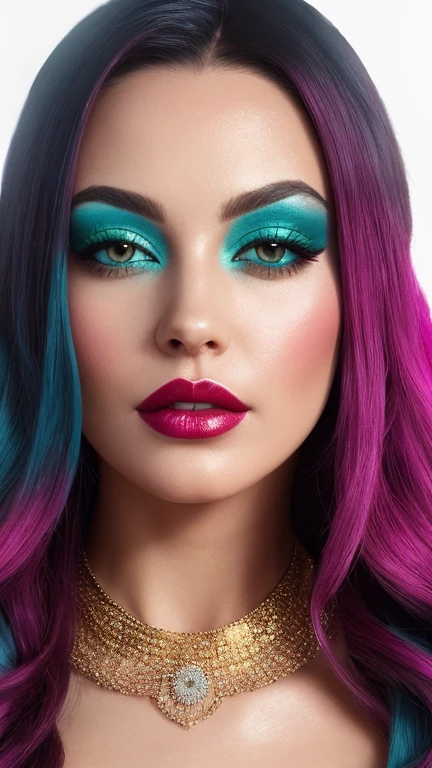 Full body portrait of a beautiful ethereal woman, her very long magenta hair cascading down in soft waves, framing a face of extreme detail and elegance. Her eyes, big and colorful, boast three gradient teal shades of eyeshadow and eyeliner, accentuating her double eyelids and long lashes. Rosy cheeks adding a touch of warmth to her ethereal beauty, and her skins glossy texture shines in the cinematic light, highlighting each and every realistic pore and Wrinkle. Full lips adorned with golden glitter on her lipstick, complementing the magenta and teal jewels she wears around her neck and wr