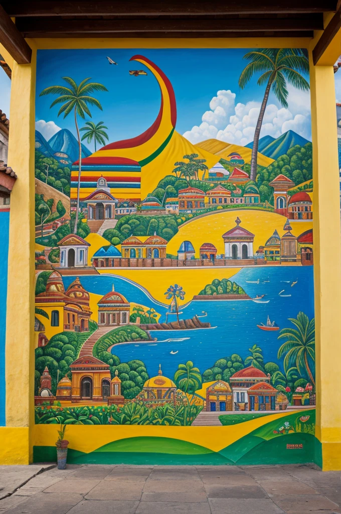 The mural must capture the richness and diversity of Ecuadorian cultures. Include elements representative of the four main regions of the country: Costa, sierra, Amazon and Galapagos. Each section of the mural must convey the essence of these regions, showing their traditions, traditions, outfit, dances, music, fauna, characteristic flora and landscapes.