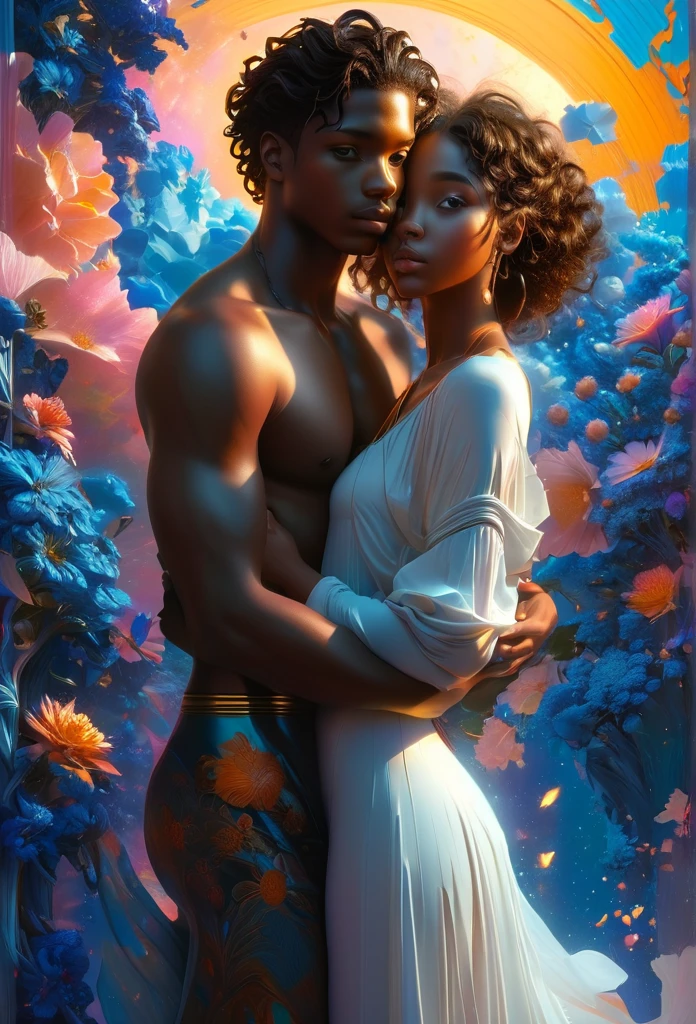 Romance in a celestial landscape, le titre est Soulmate, a couple teen, 18's, un couple African and blasian (((brown skin))) in a heavenly land, a celestial impress with long brown curly hair, visage très fins, (((very beautiful))), visages parfait, corps entier, 8K, extremely detailed, (high quality,realistic,photorealistic:1.37), Full body, ideal proportions and defined complexion, meticulously crafted features, unreachable beauty, perfection, breathtaking elegance, g curves, goddess-like figures, divine symmetry, artistic masterpieces, vivid realism, hyper-detailed sculptures, life-like forms, truly awe-inspiring, impeccable craftsmanship, pure radiance, ethereal beauty, delicate contours, striking poses, sublime beauty, subtle nuances, dynamic compositions, vibrant colors, perfect lighting, soulful expressions, celestial aura, majestic presence, dreamlike atmosphere, unmatched gdetailed octane render trending on artstation, 8 k artistic photography, photorealistic concept art, soft natural volumetric cinematic perfect light, chiaroscuro, award - winning photograph, masterpiece, oil on canvas, raphael, caravaggio, greg rutkowski, beeple, beksinski, gigerrace and elegance, dazzling perfection, magnificent creations., by Jacob Lawrence and Francis picabia, perfect composition, beautiful detailed intricate insanely