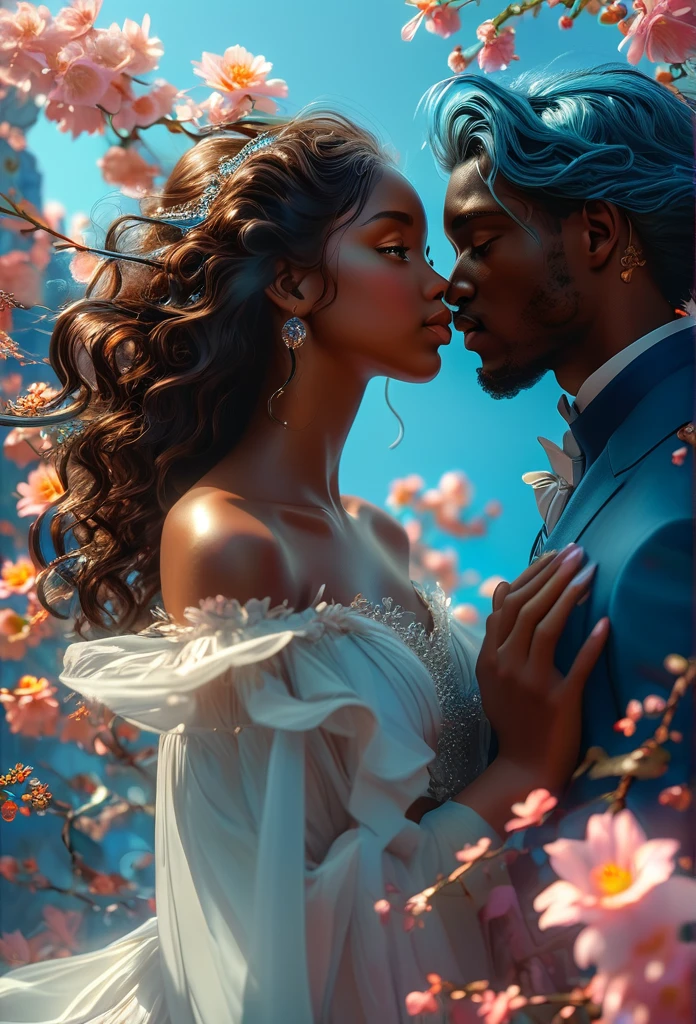 Romance in a celestial landscape, le titre est Soulmate, a couple , 18's, un couple African and blasian (((brown skin))) in a heavenly land, a celestial impress with long brown curly hair, visage très fins, (((very beautiful))), visages parfait, corps entier, 8K, extremely detailed, (high quality,realistic,photorealistic:1.37), Full body, ideal proportions and defined complexion, meticulously crafted features, unreachable beauty, perfection, breathtaking elegance, g curves, goddess-like figures, divine symmetry, artistic masterpieces, vivid realism, hyper-detailed sculptures, life-like forms, truly awe-inspiring, impeccable craftsmanship, pure radiance, ethereal beauty, delicate contours, striking poses, sublime beauty, subtle nuances, dynamic compositions, vibrant colors, perfect lighting, soulful expressions, celestial aura, majestic presence, dreamlike atmosphere, unmatched gdetailed octane render trending on artstation, 8 k artistic photography, photorealistic concept art, soft natural volumetric cinematic perfect light, chiaroscuro, award - winning photograph, masterpiece, oil on canvas, raphael, caravaggio, greg rutkowski, beeple, beksinski, gigerrace and elegance, dazzling perfection, magnificent creations., by Jacob Lawrence and Francis picabia, perfect composition, beautiful detailed intricate insanely