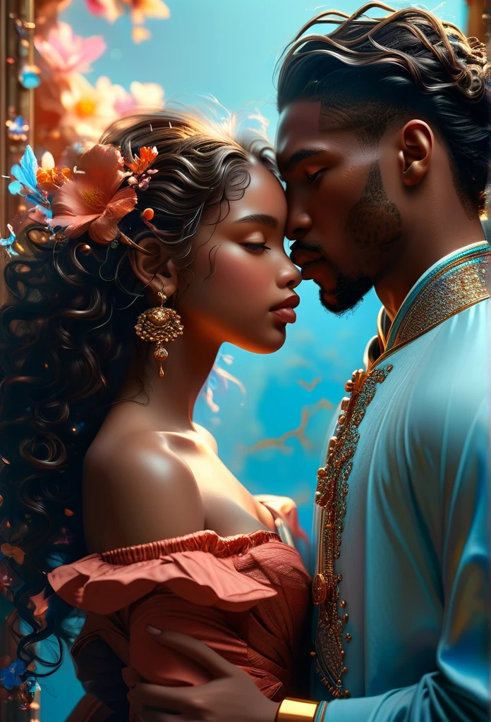 Romance in a celestial landscape, le titre est Soulmate, a couple teen, 18's, un couple African and blasian (((brown skin))) in a heavenly land, a celestial impress with long brown curly hair, visage très fins, (((very beautiful))), visages parfait, corps entier, 8K, extremely detailed, (high quality,realistic,photorealistic:1.37), Full body, ideal proportions and defined complexion, meticulously crafted features, unreachable beauty, perfection, breathtaking elegance, g curves, goddess-like figures, divine symmetry, artistic masterpieces, vivid realism, hyper-detailed sculptures, life-like forms, truly awe-inspiring, impeccable craftsmanship, pure radiance, ethereal beauty, delicate contours, striking poses, sublime beauty, subtle nuances, dynamic compositions, vibrant colors, perfect lighting, soulful expressions, celestial aura, majestic presence, dreamlike atmosphere, unmatched gdetailed octane render trending on artstation, 8 k artistic photography, photorealistic concept art, soft natural volumetric cinematic perfect light, chiaroscuro, award - winning photograph, masterpiece, oil on canvas, raphael, caravaggio, greg rutkowski, beeple, beksinski, gigerrace and elegance, dazzling perfection, magnificent creations., by Jacob Lawrence and Francis picabia, perfect composition, beautiful detailed intricate insanely

