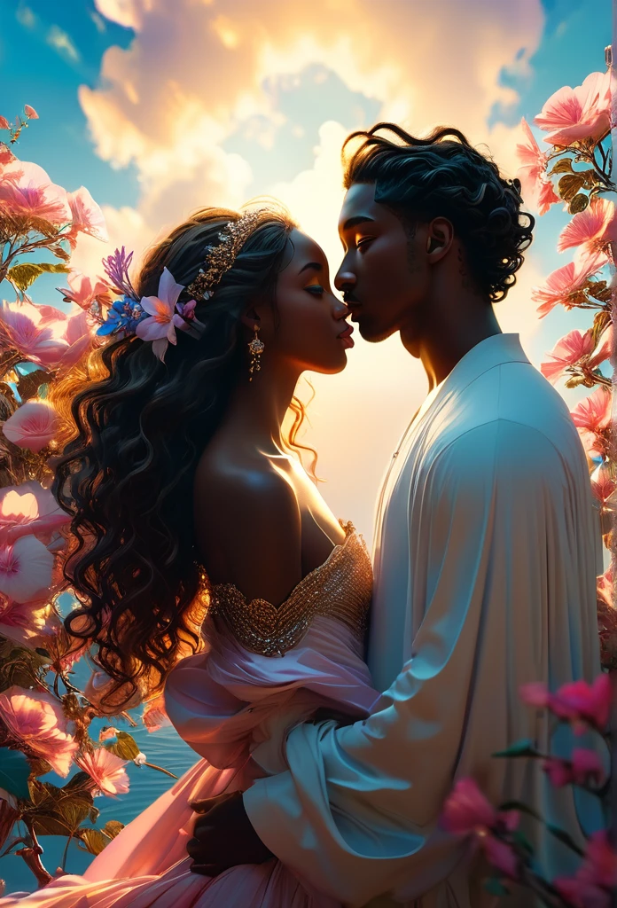 Romance in a celestial landscape, le titre est Soulmate, a couple teen, 18's, un couple African and blasian (((brown skin))) in a heavenly land, a celestial impress with long brown curly hair, visage très fins, (((very beautiful))), visages parfait, corps entier, 8K, extremely detailed, (high quality,realistic,photorealistic:1.37), Full body, ideal proportions and defined complexion, meticulously crafted features, unreachable beauty, perfection, breathtaking elegance, g curves, goddess-like figures, divine symmetry, artistic masterpieces, vivid realism, hyper-detailed sculptures, life-like forms, truly awe-inspiring, impeccable craftsmanship, pure radiance, ethereal beauty, delicate contours, striking poses, sublime beauty, subtle nuances, dynamic compositions, vibrant colors, perfect lighting, soulful expressions, celestial aura, majestic presence, dreamlike atmosphere, unmatched gdetailed octane render trending on artstation, 8 k artistic photography, photorealistic concept art, soft natural volumetric cinematic perfect light, chiaroscuro, award - winning photograph, masterpiece, oil on canvas, raphael, caravaggio, greg rutkowski, beeple, beksinski, gigerrace and elegance, dazzling perfection, magnificent creations., by Jacob Lawrence and Francis picabia, perfect composition, beautiful detailed intricate insanely
