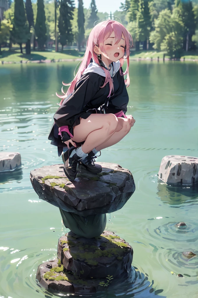 deep forest, (mysterious girl, pink long hair:1.4), (jumping to small rock in lake:1.9), detailed face, closed eyes, on lake in forest, full body, panorama view, magnificent view, absurdres, 8k, detailed plants