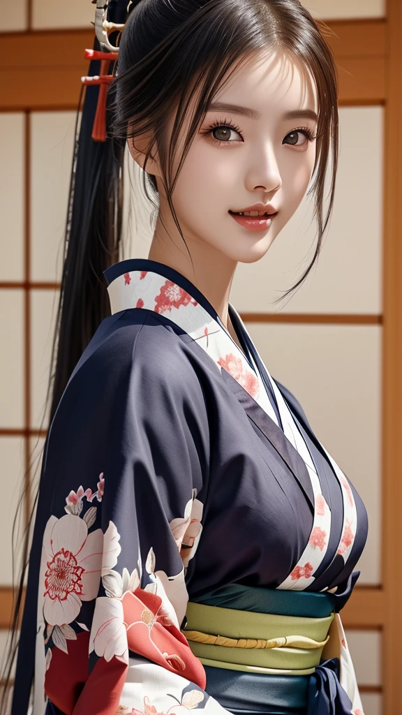 NSFW、最high quality、high quality、best image quality、8K、最High resolution、High resolution、最high quality、masterpiece、extreme close up portrait、RAW photo、realistic atmosphere、(detailed face)、(fine hands、thumb１reference４)、(beauty of japan )、very nice face、cute face、((beautiful japanese girl))、(japanese woman), ((22 year old beautiful girl))、(glossy black hair)、(straight long hair)、(ponytail)、whole body、medium body、(shiny skin)、(Fair skin, Glossy skin)、real human skin、realistic human body structure、perfect body， perfect face， perfect hands， perfect fingers， perfect lips， perfect eyes，perfect teeth、perfect background， perfect atmosphere， natural soft light、photon mapping、japanese samurai、japanese samurai、Japanese swordsman、((Japanese female samurai holding a Japanese sword))、(girl wearing japanese samurai costume)、warrior girl、Japanese sword、japanese traditional、((Japanese sword(gently curved long sword))、Inspired by Miyamoto Musashi、Inspired by Oda Nobunaga、Inspired by Sengoku warlords、((A girl holding a sharp Japanese sword))、((Transparent random color metallic with floral pattern(samurai kimono、Hakama with slit))、A dynamic stance that reflects the swordsmanship cultivated as a samurai.、stance of unsheathing、Attitude without presence