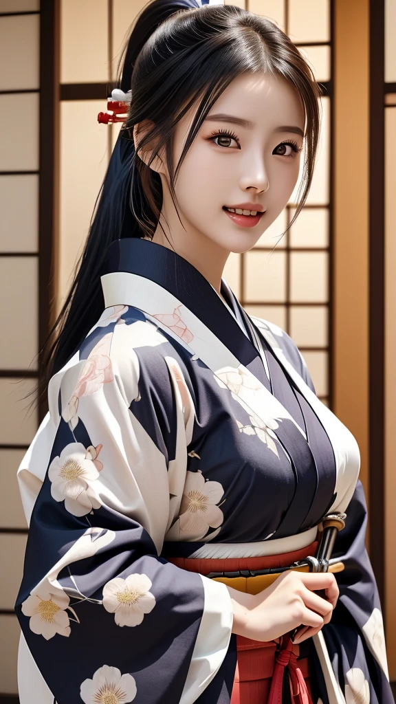 NSFW、最high quality、high quality、best image quality、8K、最High resolution、High resolution、最high quality、masterpiece、extreme close up portrait、RAW photo、realistic atmosphere、(detailed face)、(fine hands、thumb１reference４)、(beauty of japan )、very nice face、cute face、((beautiful japanese girl))、(japanese woman), ((22 year old beautiful girl))、(glossy black hair)、(straight long hair)、(ponytail)、whole body、medium body、(shiny skin)、(Fair skin, Glossy skin)、real human skin、realistic human body structure、perfect body， perfect face， perfect hands， perfect fingers， perfect lips， perfect eyes，perfect teeth、perfect background， perfect atmosphere， natural soft light、photon mapping、japanese samurai、japanese samurai、Japanese swordsman、((Japanese female samurai holding a Japanese sword))、(girl wearing japanese samurai costume)、warrior girl、Japanese sword、japanese traditional、((Japanese sword(gently curved long sword))、Inspired by Miyamoto Musashi、Inspired by Oda Nobunaga、Inspired by Sengoku warlords、((A girl holding a sharp Japanese sword))、((Transparent random color metallic with floral pattern(samurai kimono、Hakama with slit))、A dynamic stance that reflects the swordsmanship cultivated as a samurai.、stance of unsheathing、Attitude without presence